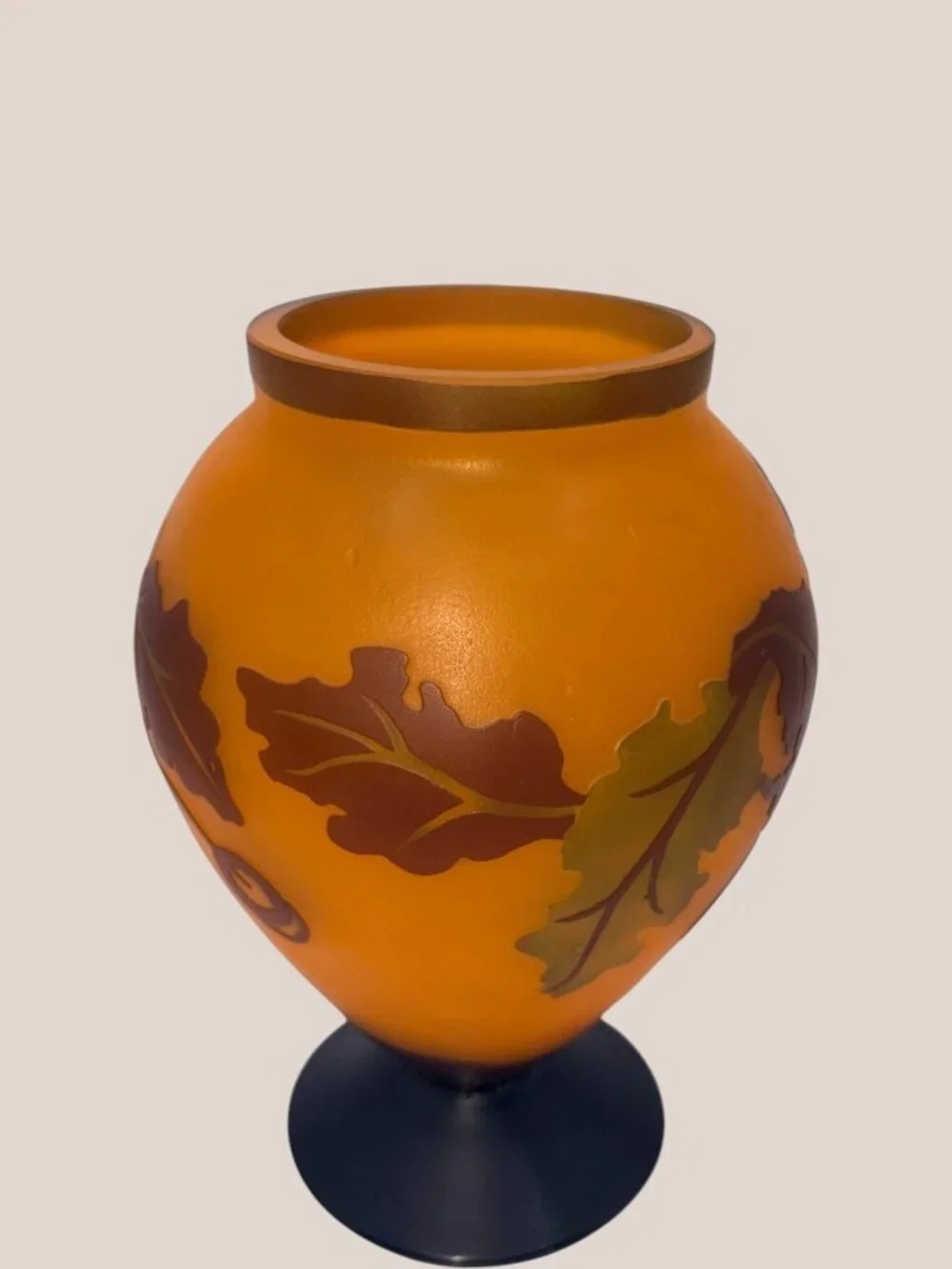 VTG Teleflora Cameo Autumn Oak Leaf Frosted Glass Vase Amber Orange Pedestal